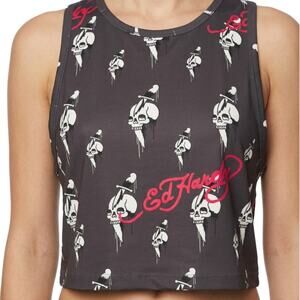 Ed Hardy Gray White Skull Knife Logo Cropped Tank Top size L NEW Tags Racerback